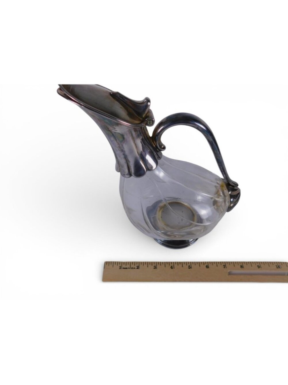 Vintage Clear Glass Art Nouveau Pitcher Metal Mounted Hinged Lid Handle Unmarked - Picture 2 of 9